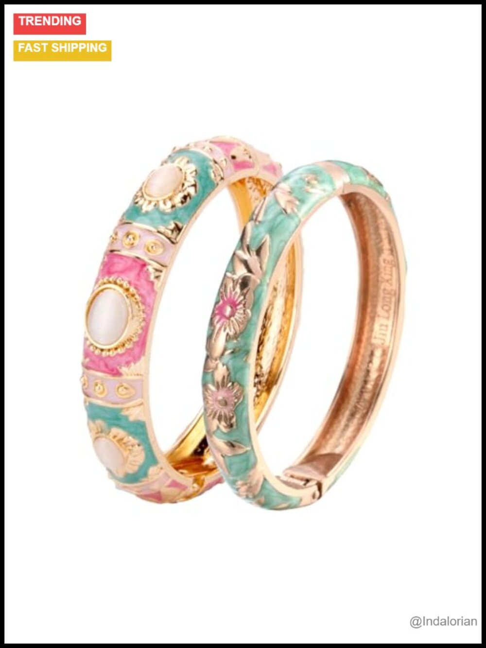 Vintage Cloisonne Enamel Cuff Bangle Bracelets 2 Pcs Set Gold Plated Rhinestone